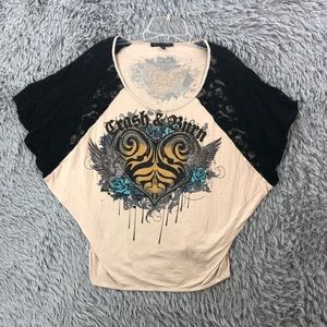 Crash and Burn Shirt Womens Medium Spellout Embellished Crystals Lace Sleeve